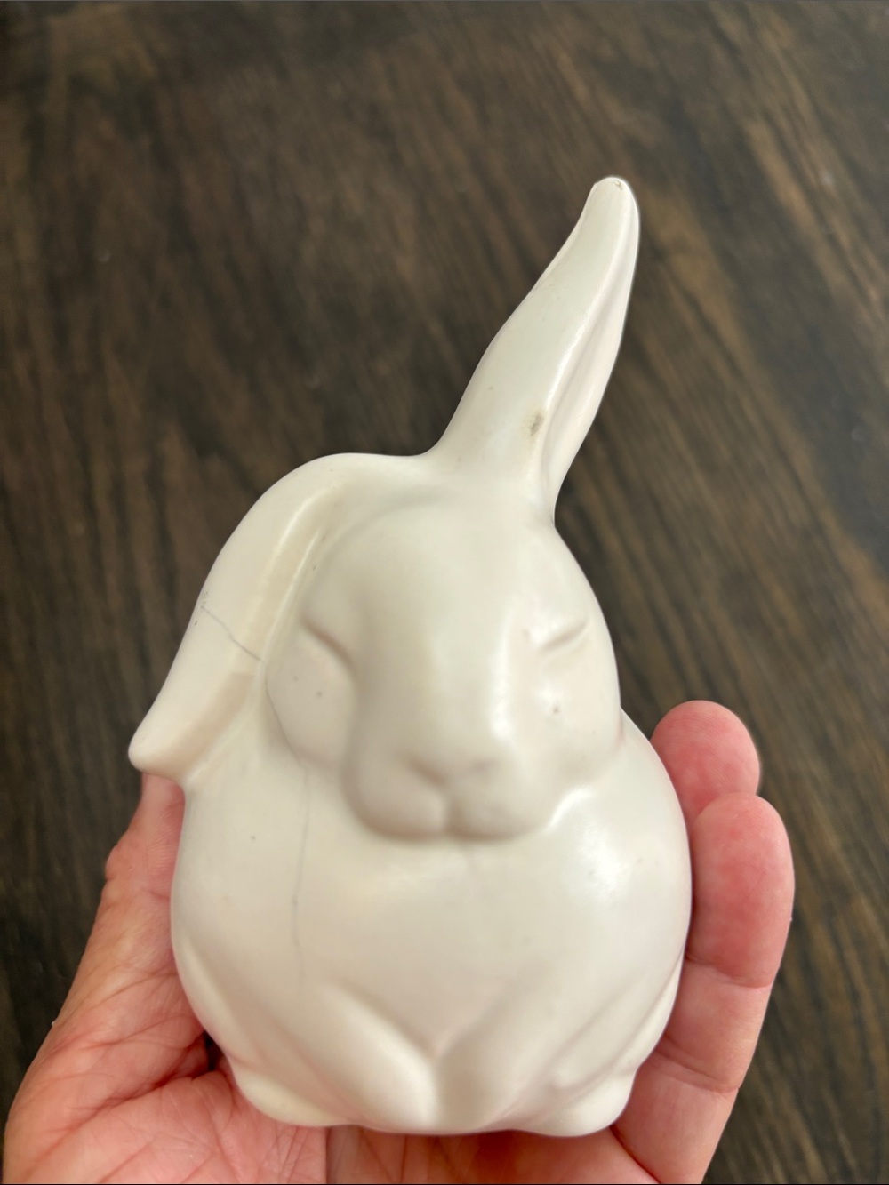 Vintage Haeger bunny, white, matte, planter, one ear up, serene face, 5” tall